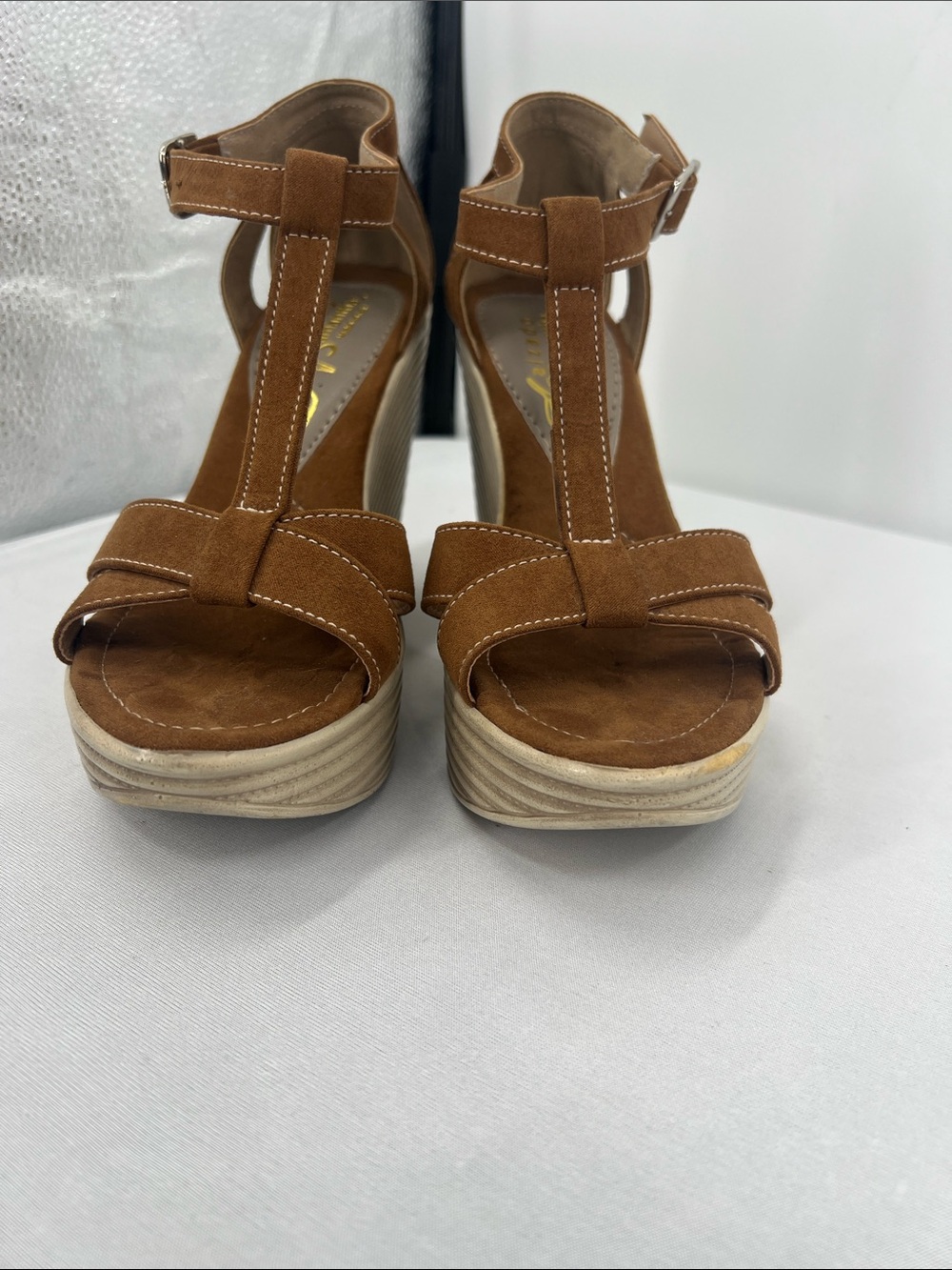 Brown Suede T-Strap Wedge Sandals - Picture 4 of 5